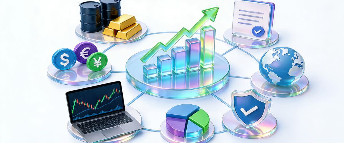Ilustración 3D de iconos y gráficos financieros que muestran crecimiento, activos y conceptos de riesgo