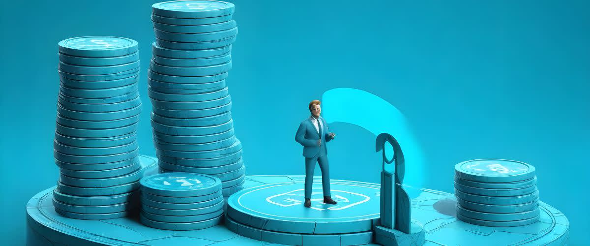 A businessman stands on coin stacks, representing interest on interest.