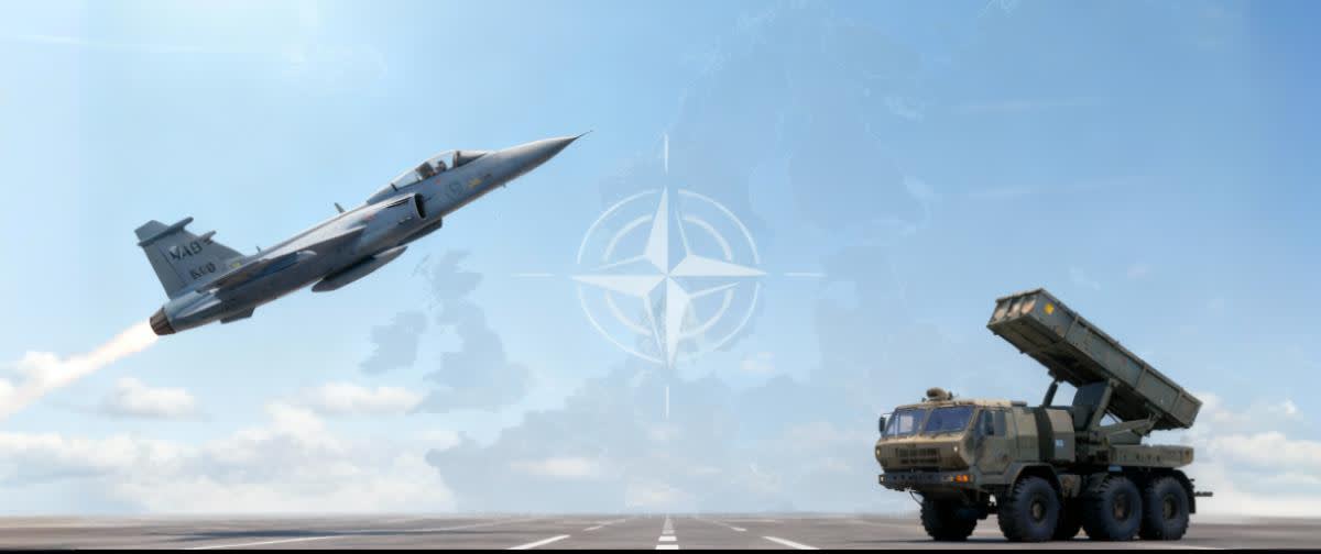 SAAB jet & Kongsberg missile trail green charts to a NATO compass, symbolising defence boom.