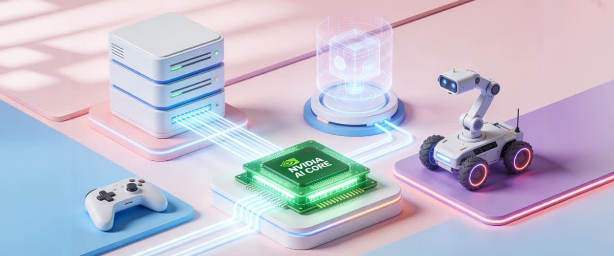 Uma GPU NVIDIA enviando condutos para um servidor holográfico, controlador e veículo robótico.