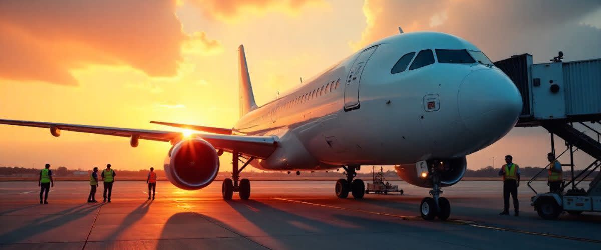 Airbus at sunset with a diverse ground crew, symbolizing strong spring momentum.