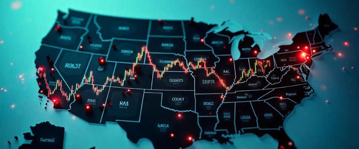 Grafico SPX 500 sovrapposto a una mappa degli Stati Uniti