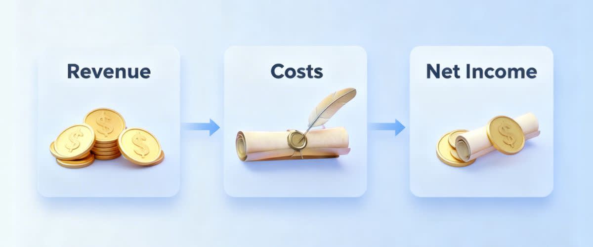 Simple diagram showing revenue, costs, and net income.