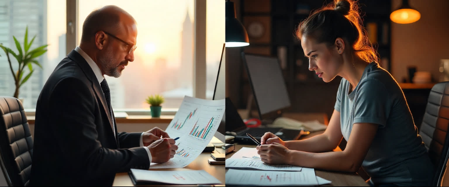 Trader calm with clear trends vs frustrated trader amid chaotic charts, split image.