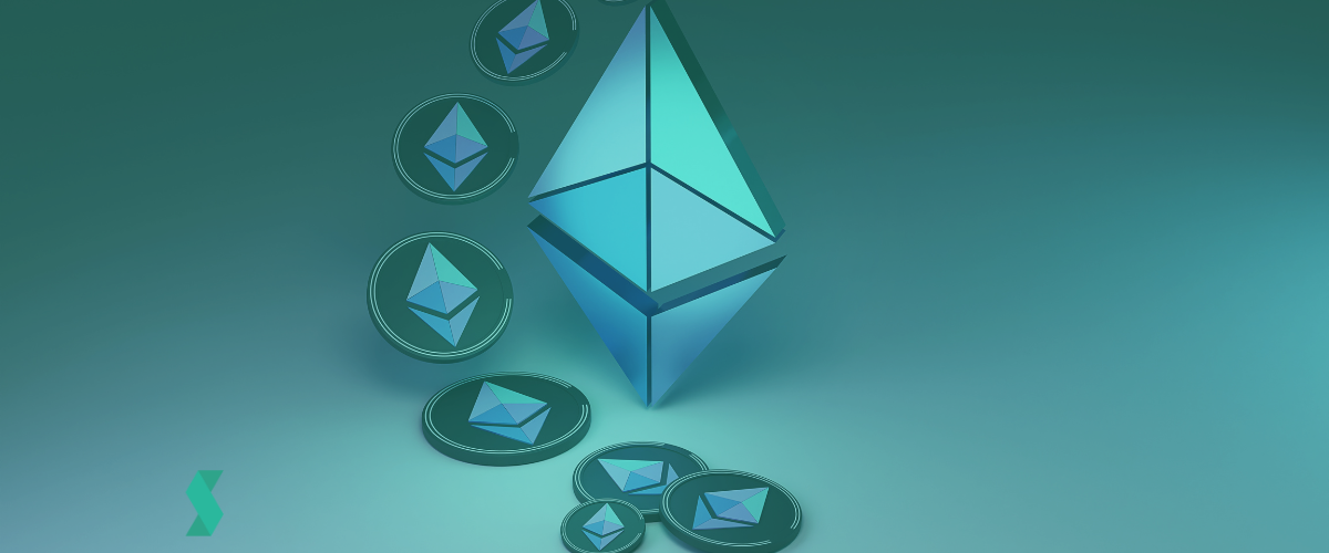 Ethereum. ETH. Logo and ether coins. 3D render. Crypto. Background