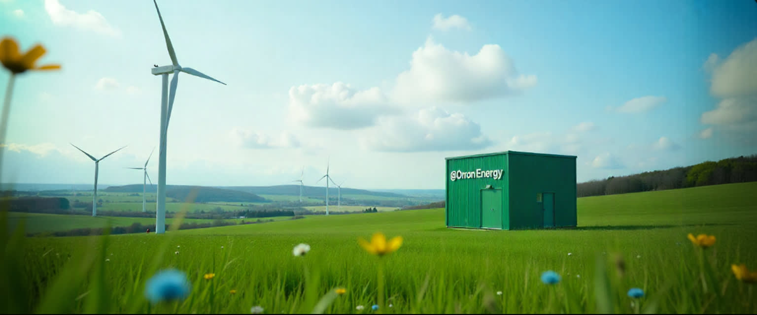 Vindkraft i Sverige, vårhimmel, med Orrön Energy-logga på grön byggnad