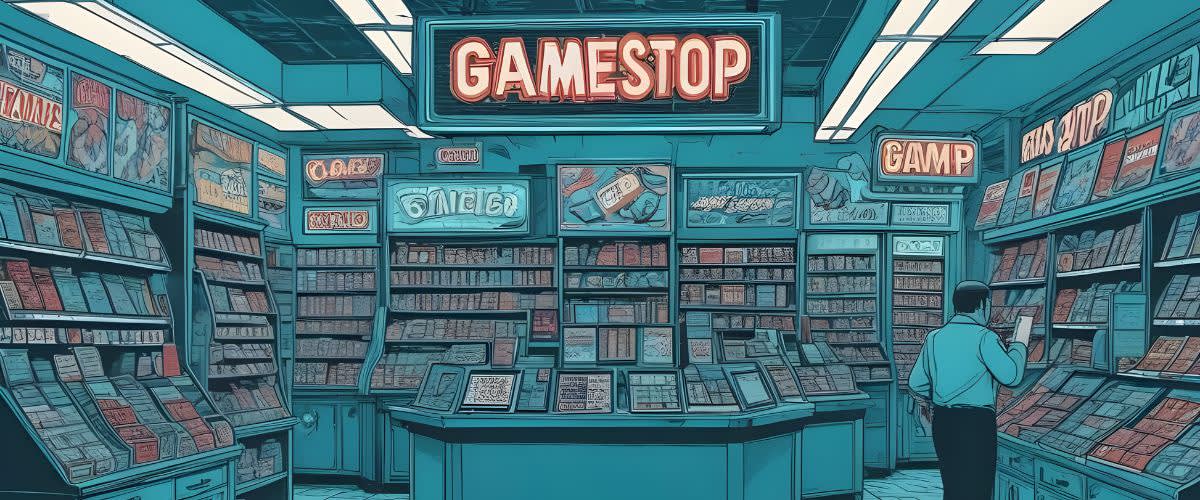 一名男子站在一家商店里，手上拿着写着GameStop的标志。
