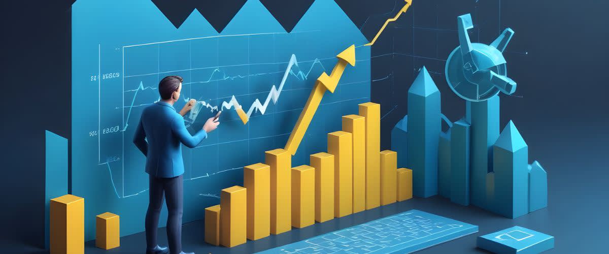 Buy and hold: A businessman analyzing graphs and a business chart.