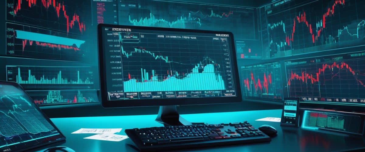 Stock market graphs on computer monitor displaying ETFs performance.