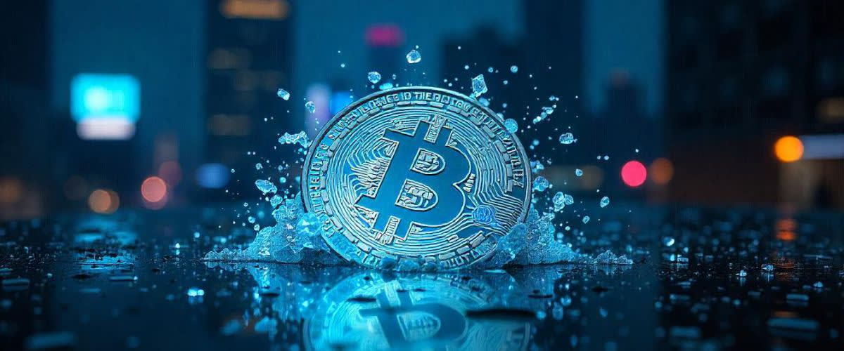 En holografisk representation av Bitcoin som krossar ett glastak, som symboliserar att slå rekord.