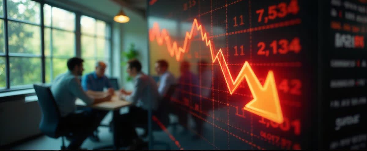 A red stock market crash graph in front of a meeting with four people of average age 40 in an office