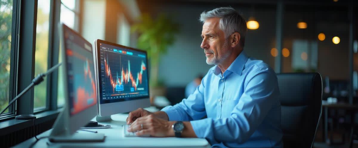 Norwegian (NO): Europeisk mannlig trader studerer svevende EUR/USD & USD/NOK-diagrammer i lyst, moderne kontor i Frankfurt.
