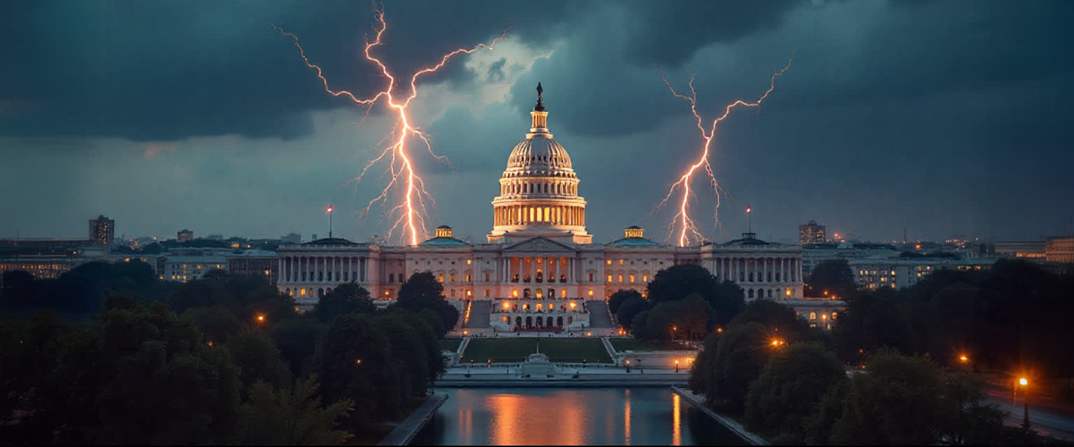 Stormfull Washington-horisont, lyn over aksjediagrammer, markedskhaos