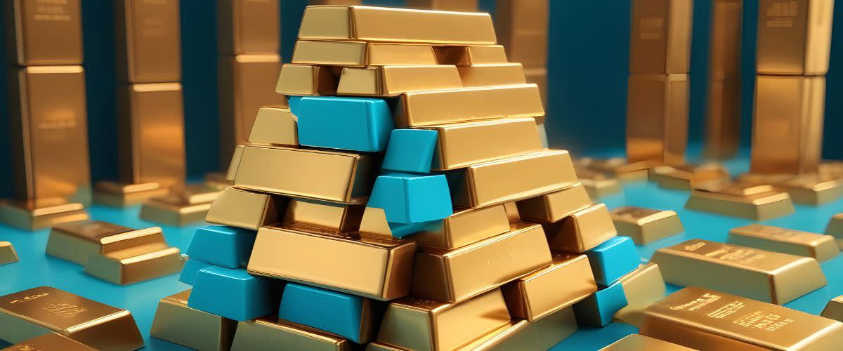 Piramid emas, bar tembaga, melambangkan kekayaan, kemakmuran dan emas, harga tembaga.