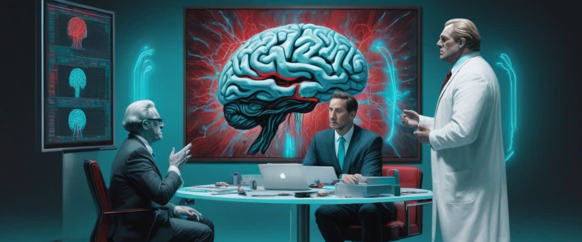 Psychotrading image representation with traders sitting down while a psychologist explains how the brain works in trading