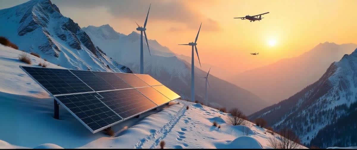 Solar panels, wind turbines on snowy peaks, and fighter jets overhead a mountain peak.