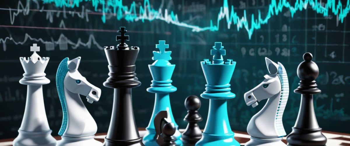 Williams Percent Range: Chess pieces on a table with an arrow and stock market graph in background.