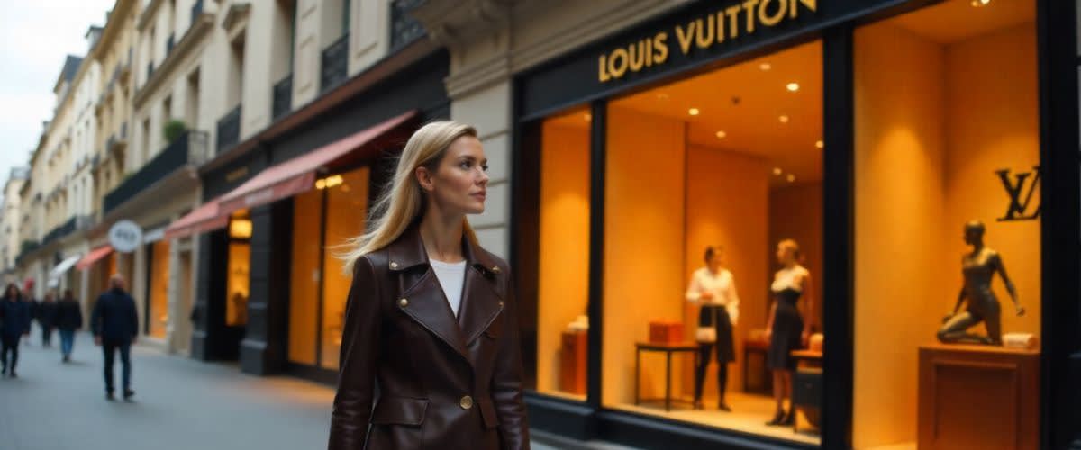 Woman on a Paris luxury street outside Louis Vuitton store