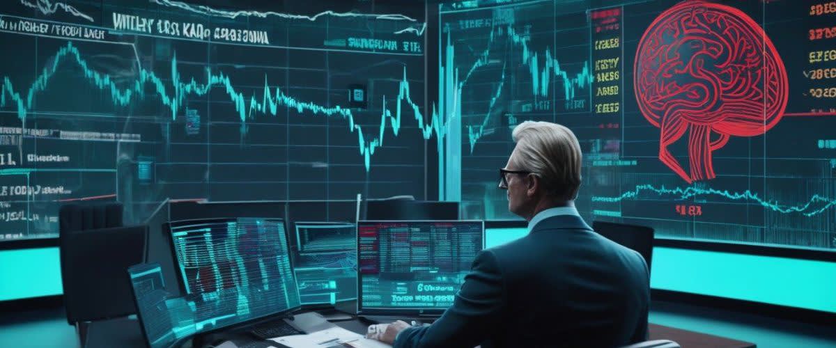What is a trader: A trader in a suit intently gazes at a computer screen displaying trading charts