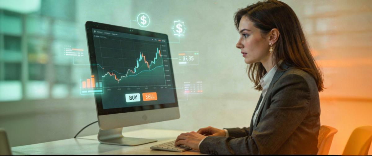 Scandinavian stockbroker at desk analysing a simple stock chart, calm flat illustration with subtle finance icons.
