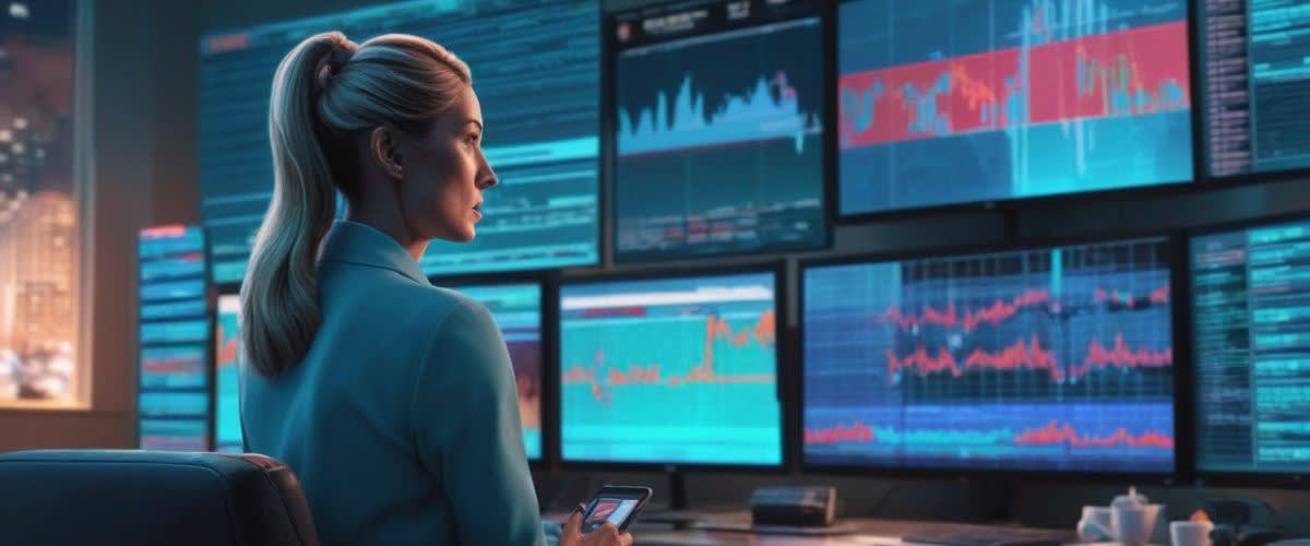 High frequency trading: A woman at a desk with multiple screens, engaged in high frequency trading.