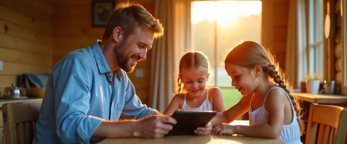 Nordic family at cabin table at sunset, tracking summer travel expenses on a tablet, warm light glows.