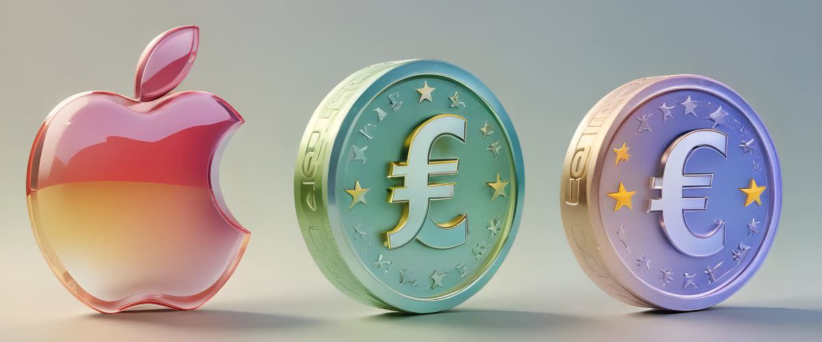 Ilustração pictórica das moedas Apple Inc., Libra e Euro.