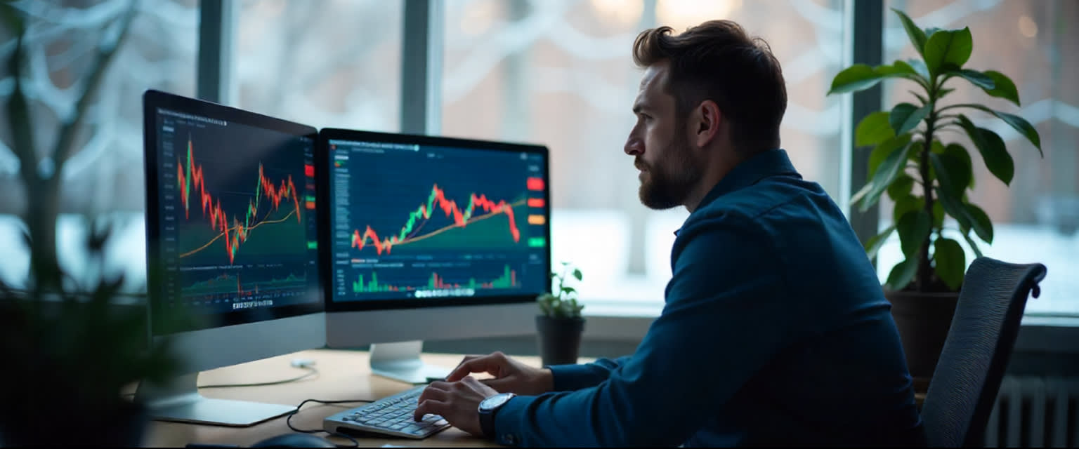Analytiker på ljust vinterkontor följer bullish aktiekurser på flera skärmar.