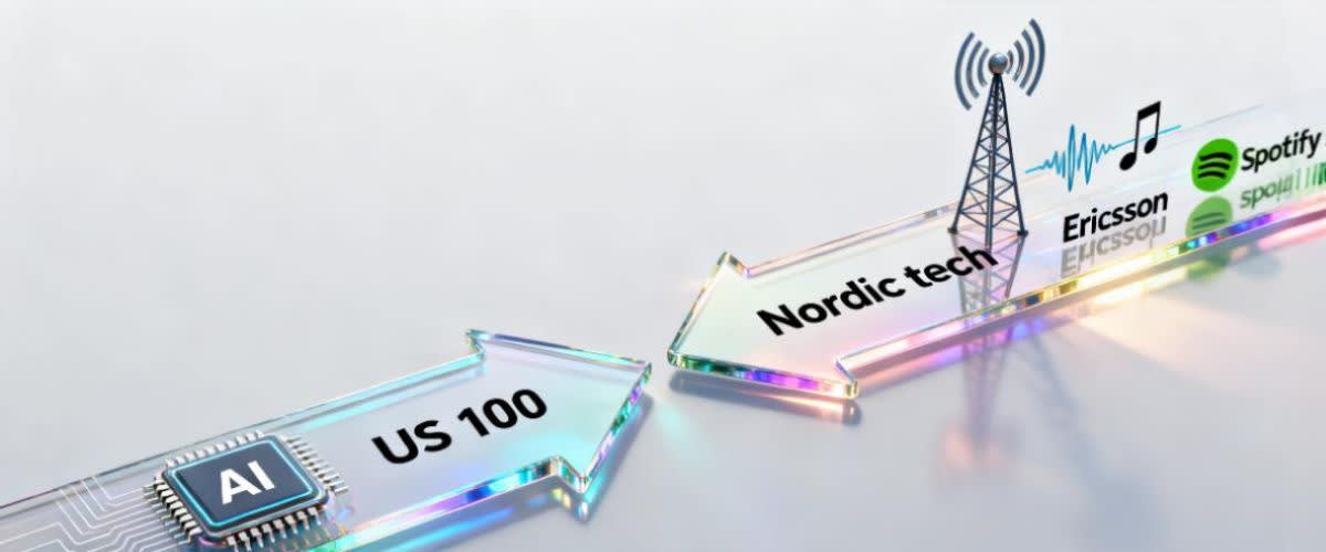 Symmetrical diagram with diverging arrows: US100, Nordic tech, AI chip, Spotify and Ericsson.