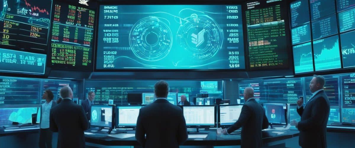 Des hommes en costume examinant un écran d’ordinateur affichant le ratio de capitaux propres.