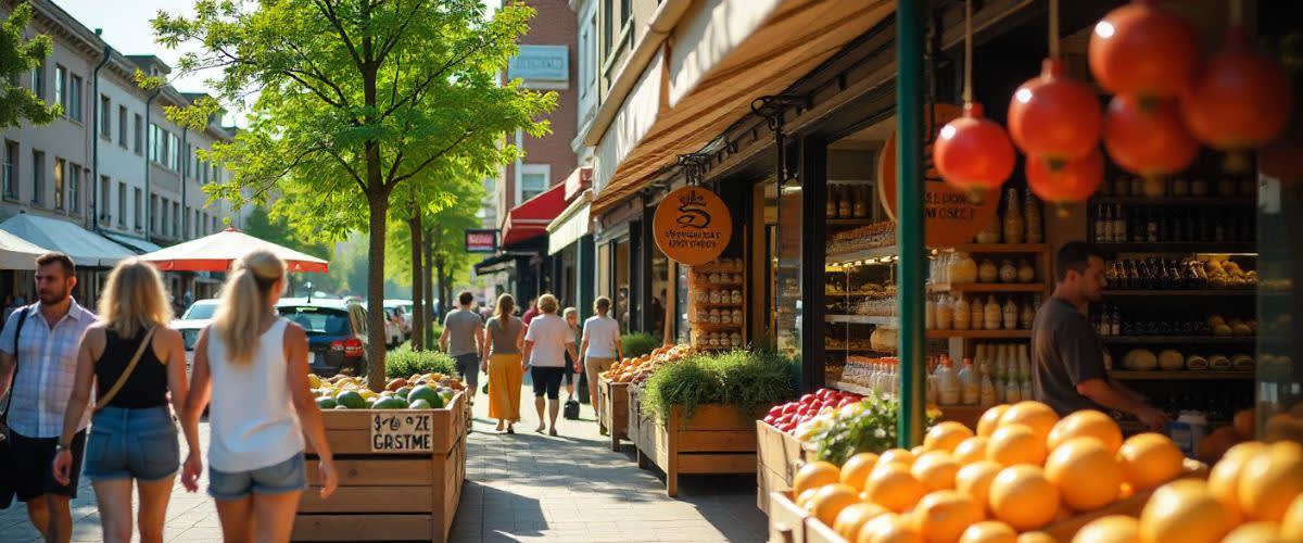 Bustling Nordic grocery store on a sunny day, blonde shoppers in light clothes under a clear blue sky.