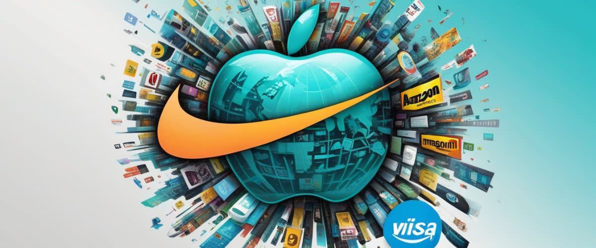 Blue Chips: The Nike logo amidst a variety of devices including Amazon, Apple, Boeing, Intel, McDonald's, Visa, and Microsoft logos.