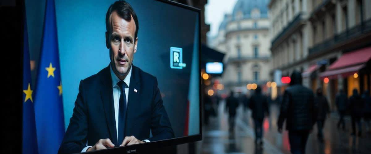 Macron on screen, snap election announced. Paris stock exchange, rainy autumn.