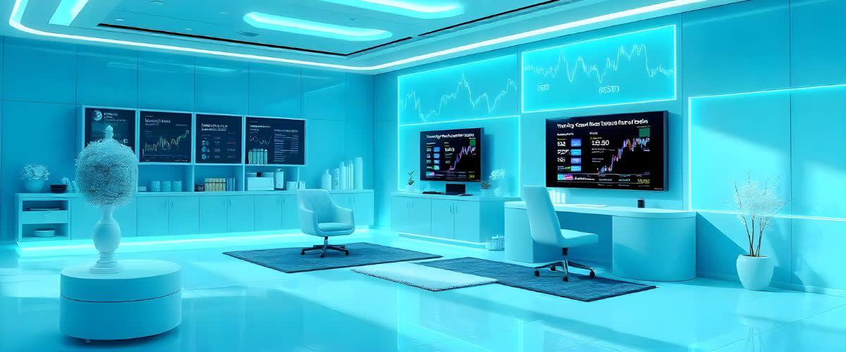 How to trade: A blue-lit room with computers, depicting a trading learning space.