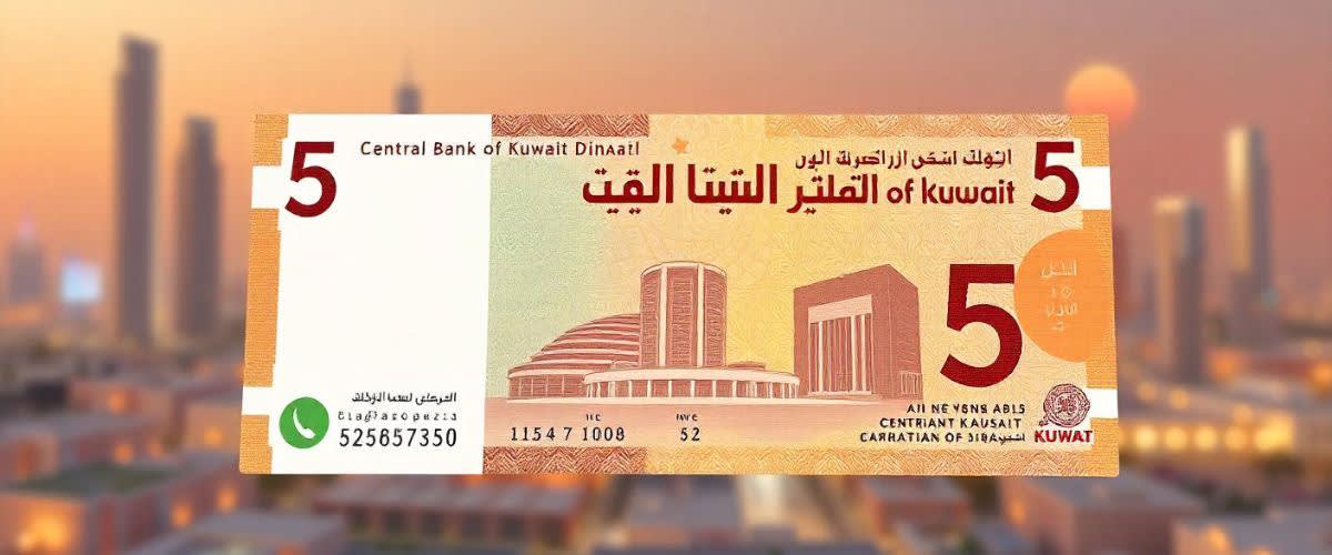 Most Valuable Currencies: 5 Kuwaiti Dinar banknote in focus with a city skyline background.