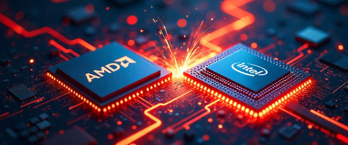 AMD red vs Intel blue chips clash in a neon battlefield, symbolizing AI rivalry and market volatility.