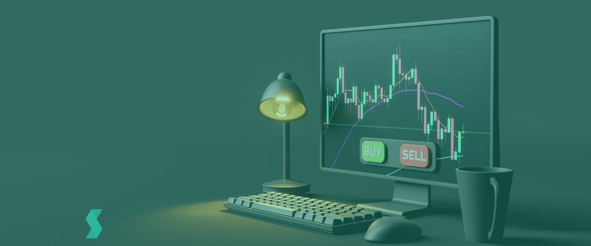 dark minimalist desk with computer screen with candlestick chart and lamp. concept of economics, stock market, cryptocurrencies, decentralized finance and trading. 3d rendering