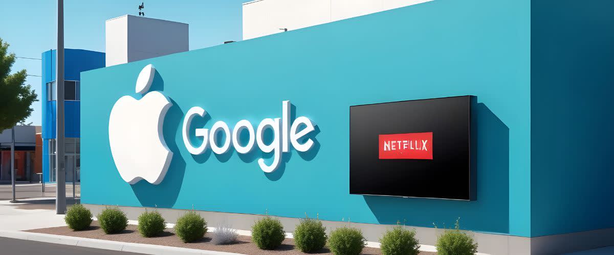 Technology companies: Logos of Apple, Google and Netflix on a billboard.