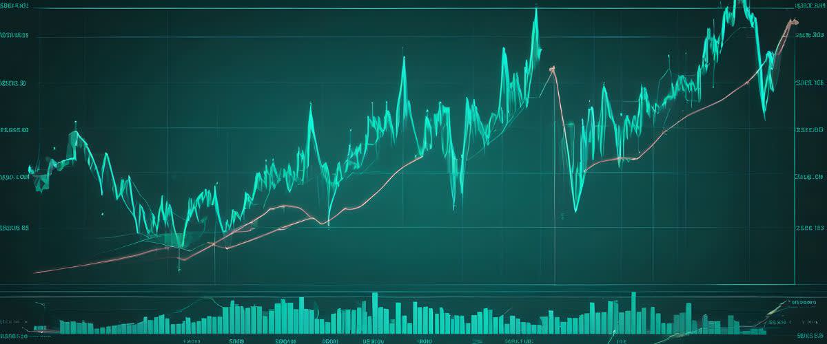 Diagrama de linea: fondo oscuro con un gráfico de líneas que representa los precios de las acciones.