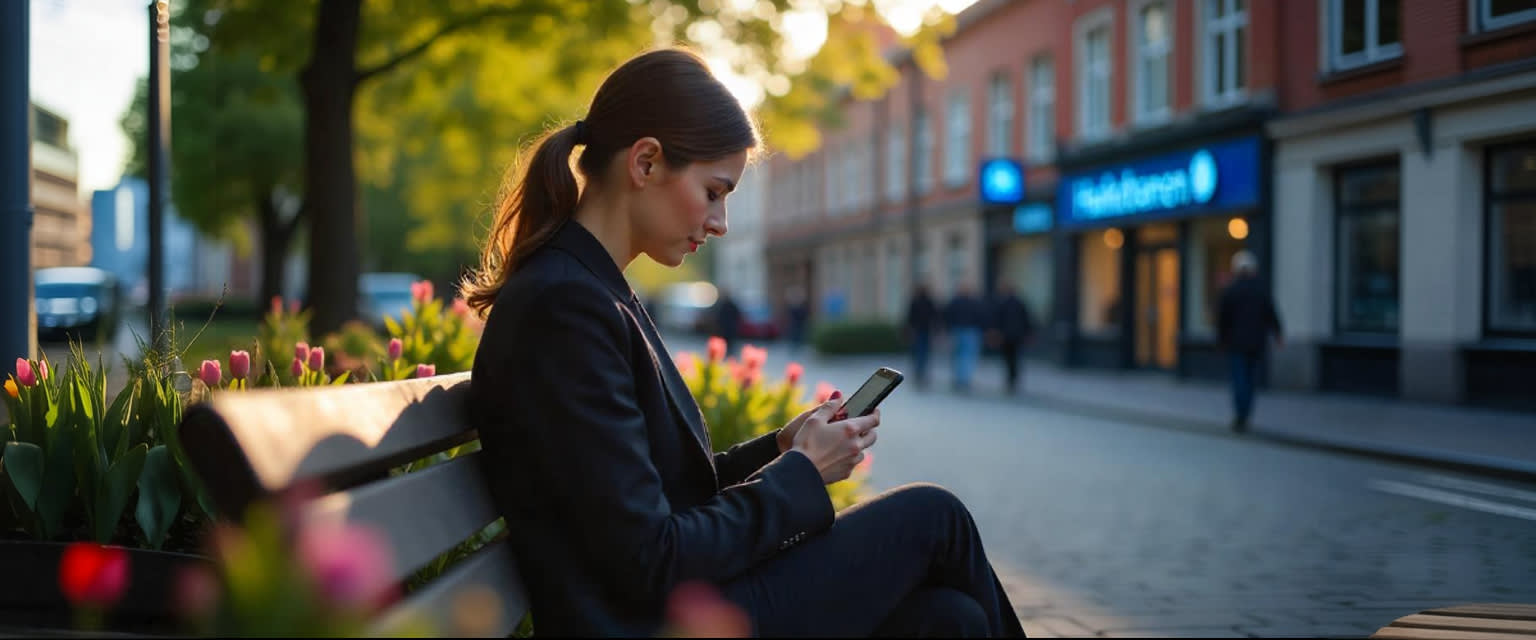 Young Swedish woman trading on phone in Gothenburg park, Handelsbanken sign glowing nearby.