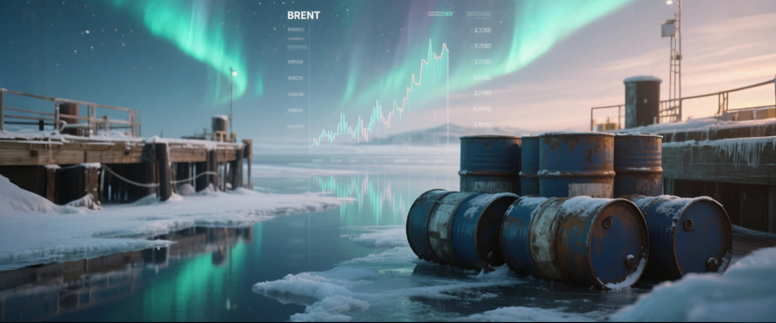 Oil barrels on icy dock, Nordic aurora reflecting on the Brent price chart
