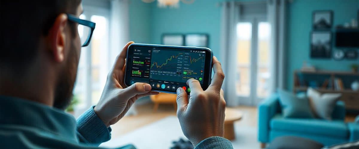 A person checking stock charts on a smartphone in a blue living room focused on trading data.