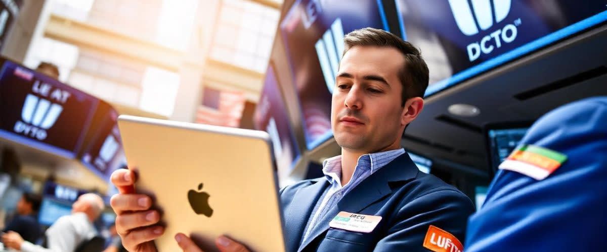 Previsão do preço das ações da Apple: trader segurando um iPad da Apple em uma bolsa de valores.