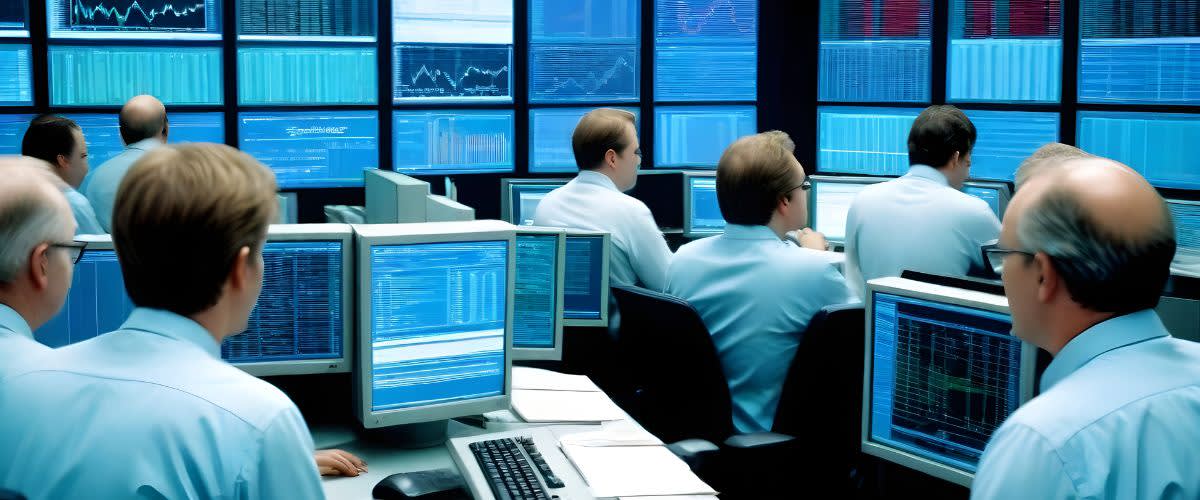 Faut-il acheter des actions Alstom : Des hommes devant des ordinateurs, regardant les actions Alstom