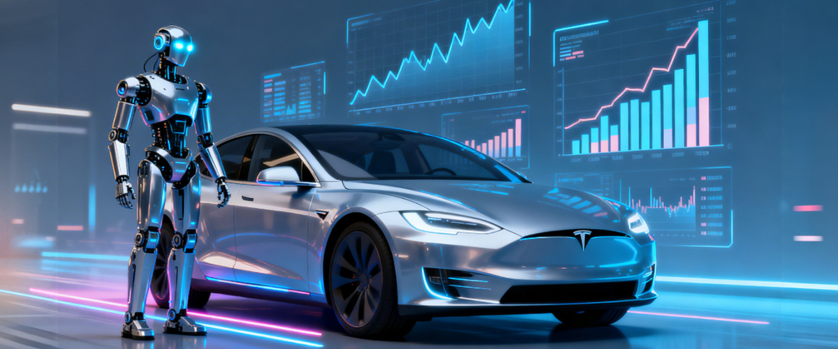 Tesla-bil med AI-robot og finansgrafer