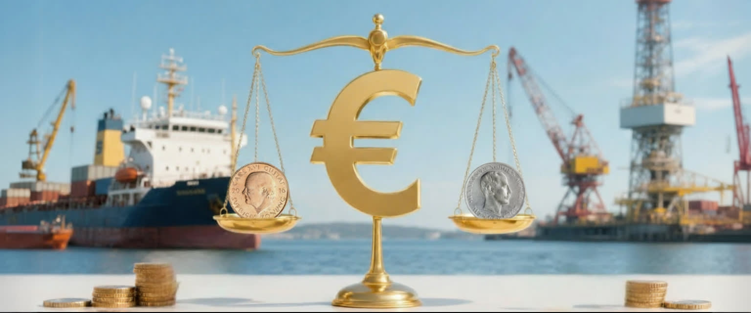 Golden Euro on scales with SEK and NOK coins, export ships and oil rigs in the background