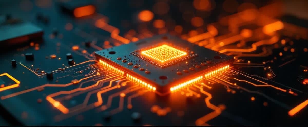 Glänsande AI-chip splittras av osedd kraft; aktieticker faller, CFD short synlig.