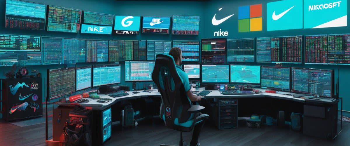 Day trading image representation with a trader staring at screens and trading during the day.