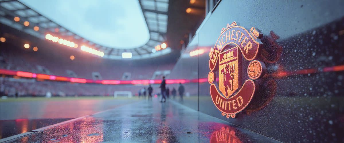 Manchester United-logotyp och stadion, dynamisk belysning, energisk stämning.