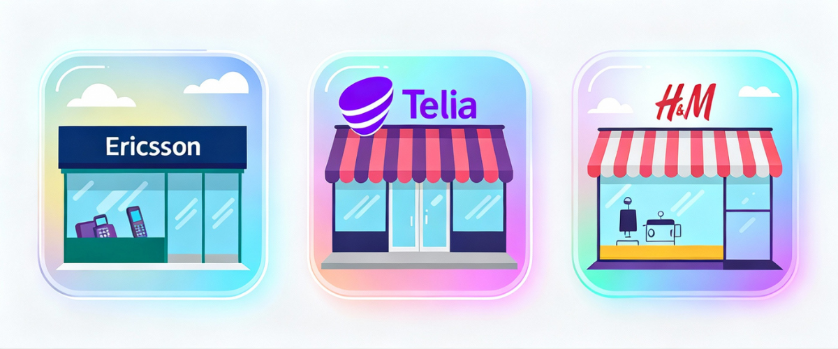 Flat Scandinavian street scene with Ericsson, Telia, H&M storefronts and geometric shapes.